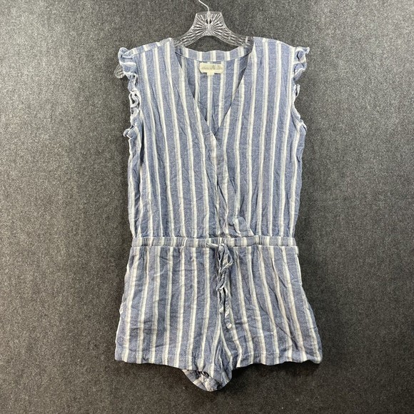 Cloth & Stone Romper Women's Small Blue White Striped Linen Blend Side Pockets - Picture 1 of 7